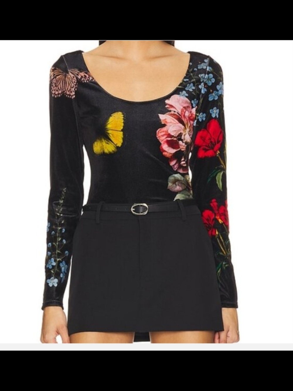 Alice + Olivia Black Long Sleeve Floral & Butterfly Velvet Top